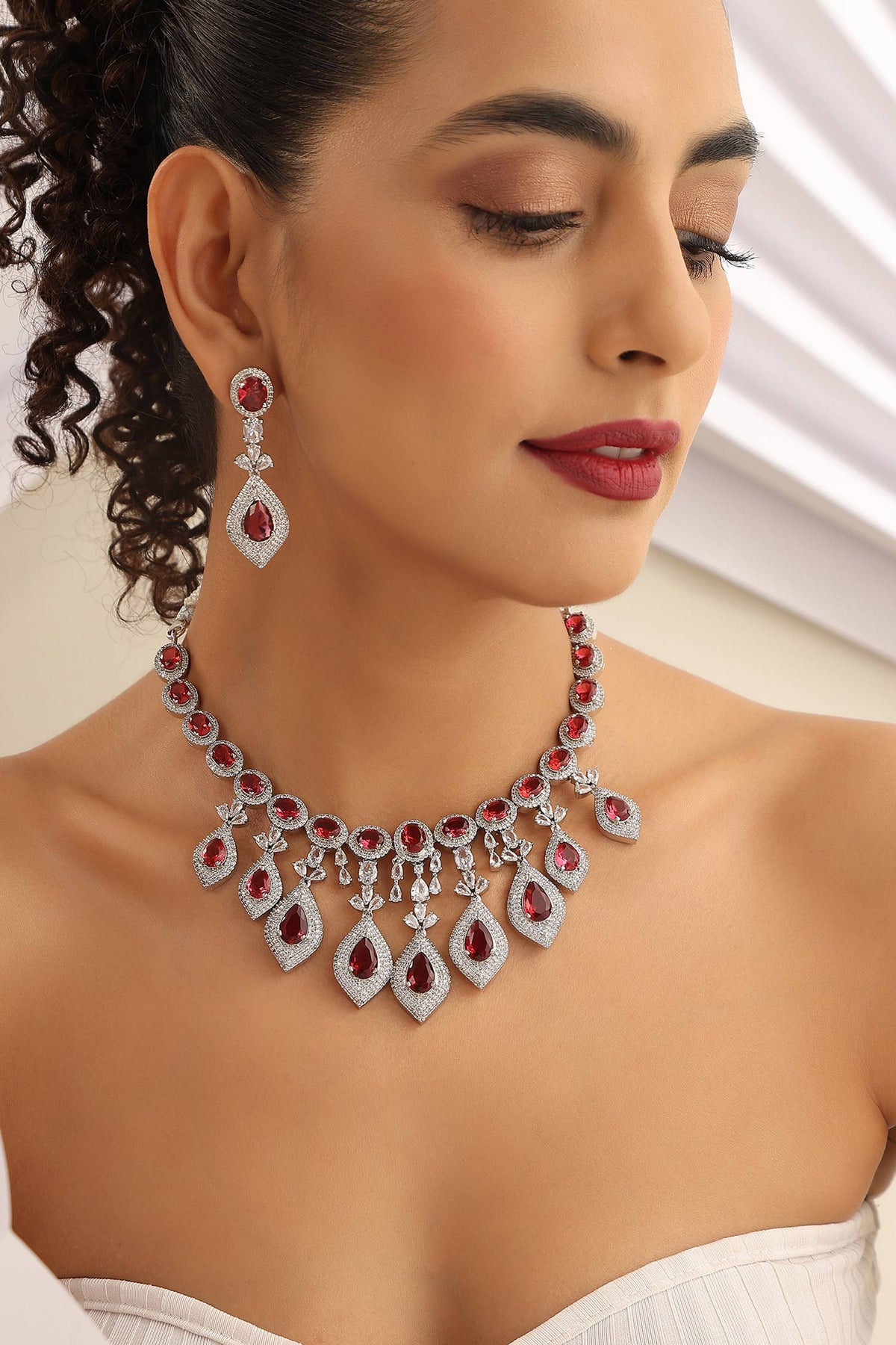 Designer Zirconia & Red Stone Necklace Set 