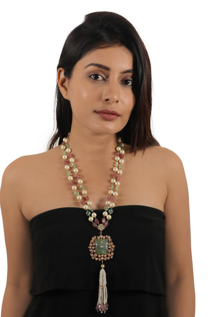Pearls & Glass Beads Embellished Long Necklace 