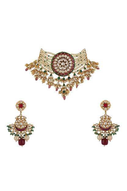 Floral Jadtar Stone Embellished Wedding Necklace Set 