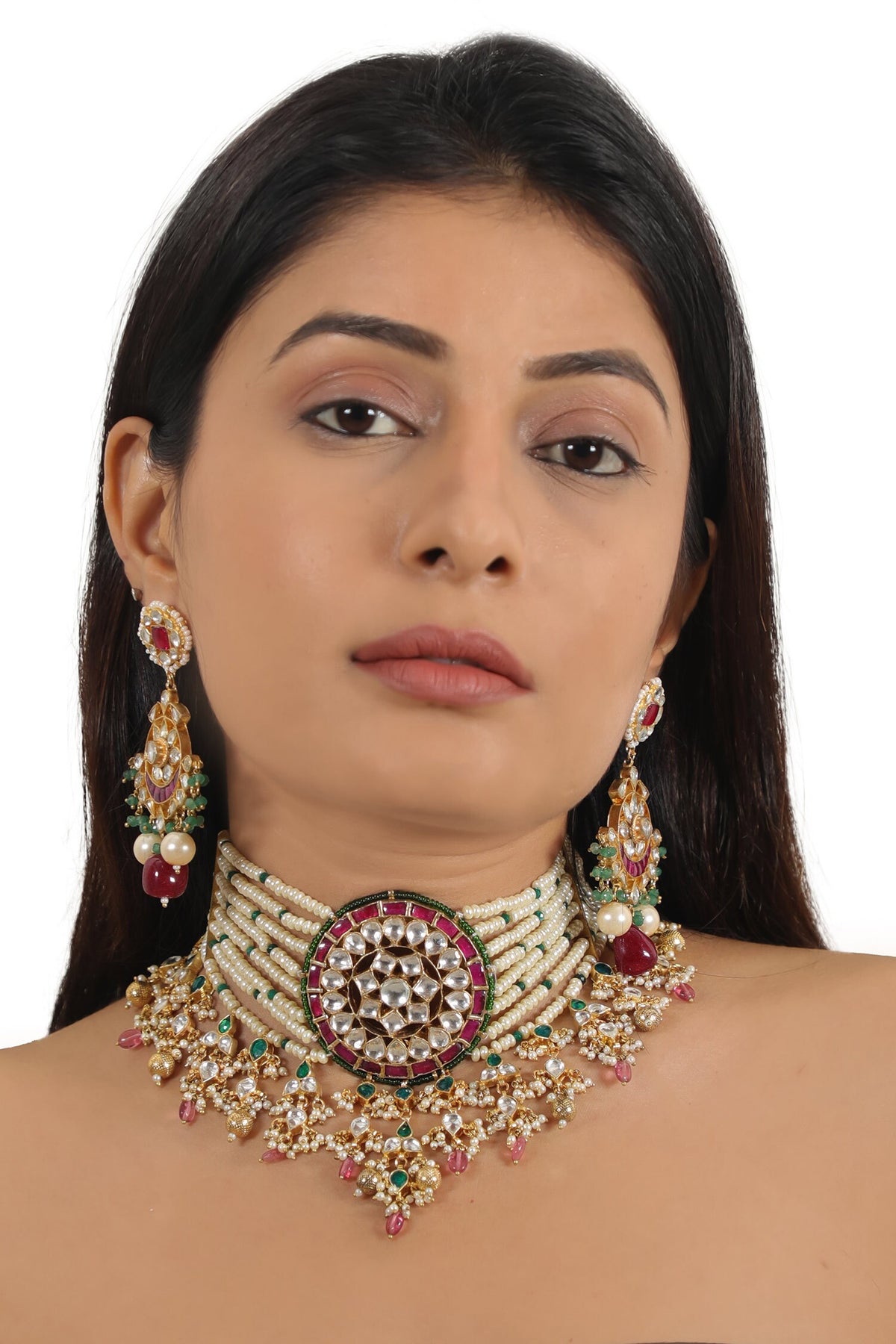 Floral Jadtar Stone Embellished Wedding Necklace Set 