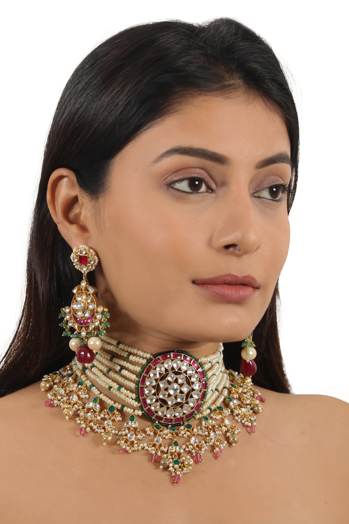Floral Jadtar Stone Embellished Wedding Necklace Set 