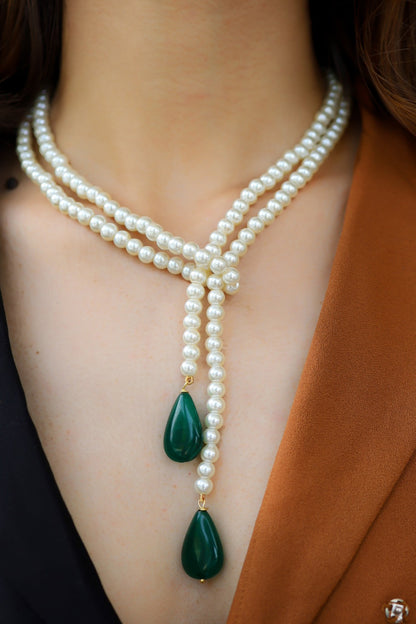 Drop Stone & Pearl Knot Necklace 