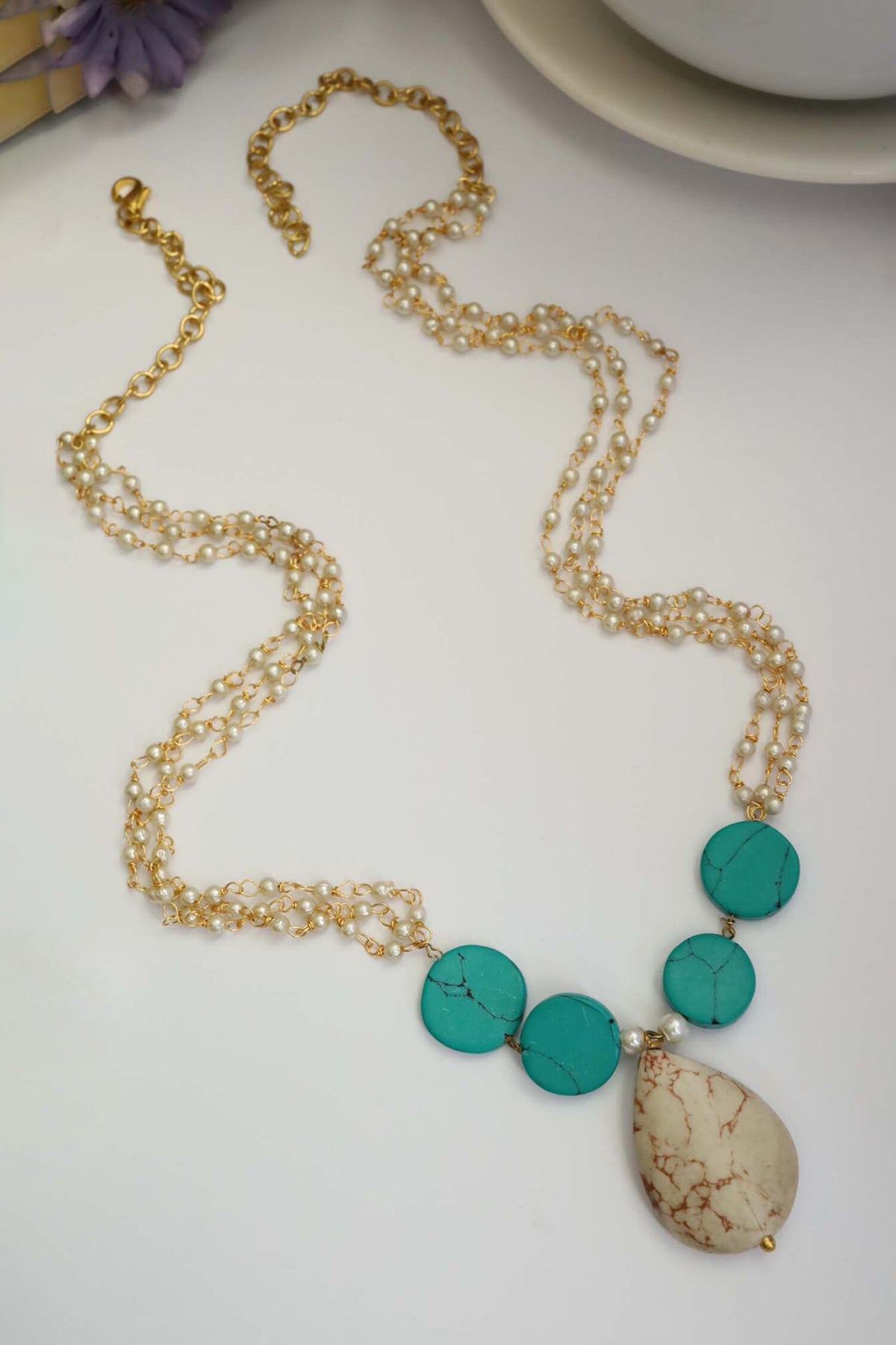 Stella Marble Stone & Pearl Embellished Necklace 