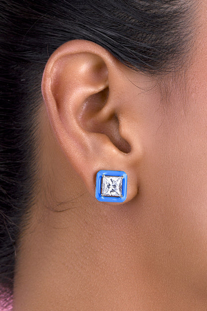 Blue Enamel Square Shaped Stud Earrings 