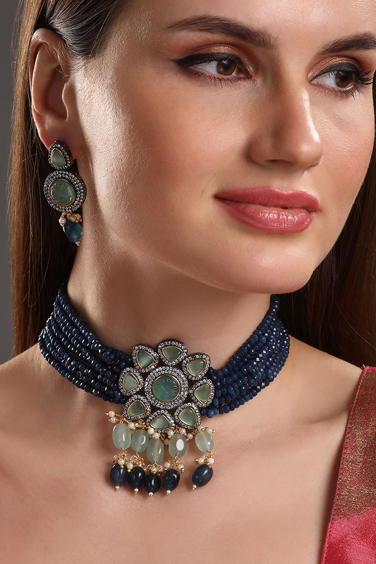 Floral Kundan & Polki Embellished Necklace Set 