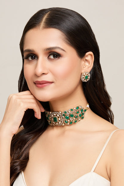 Emerald Stone Polki Choker Set 