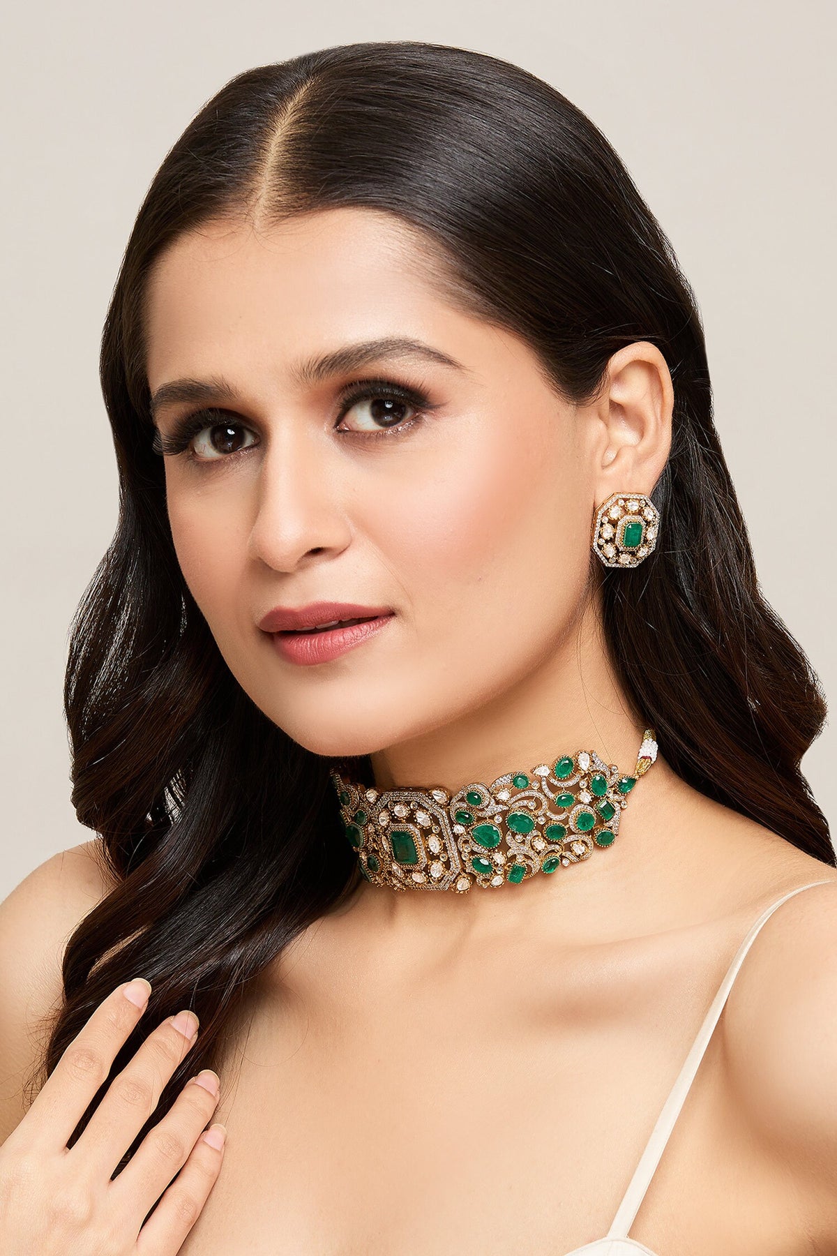 Emerald Stone Polki Choker Set 