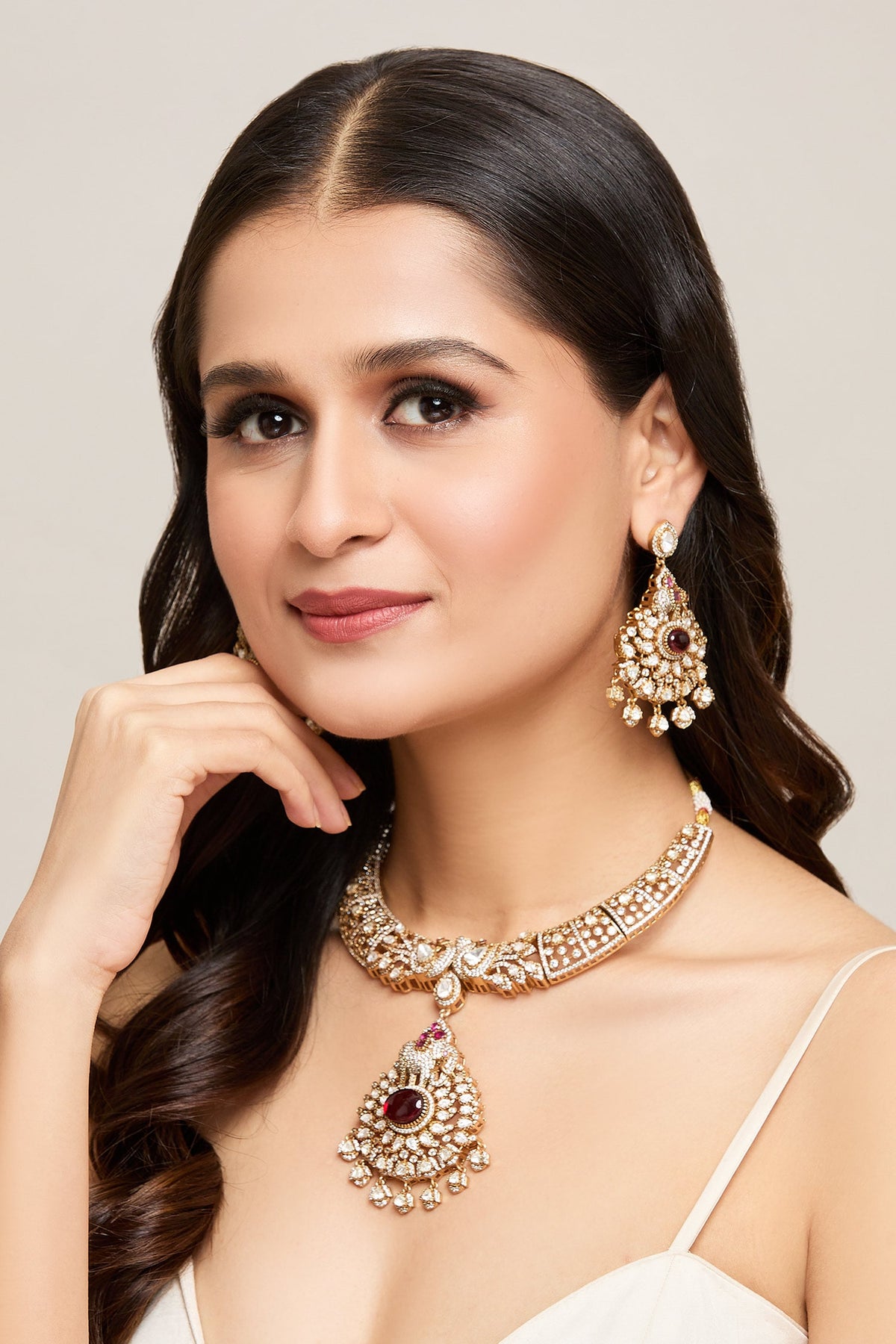 Ruby Stone Studded Pendant Necklace Set 