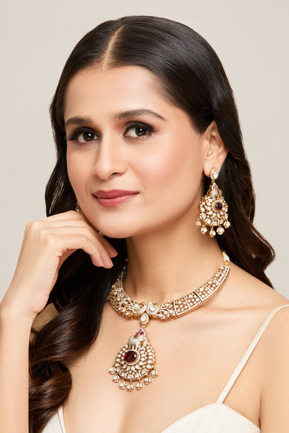 Ruby Stone Studded Pendant Necklace Set 