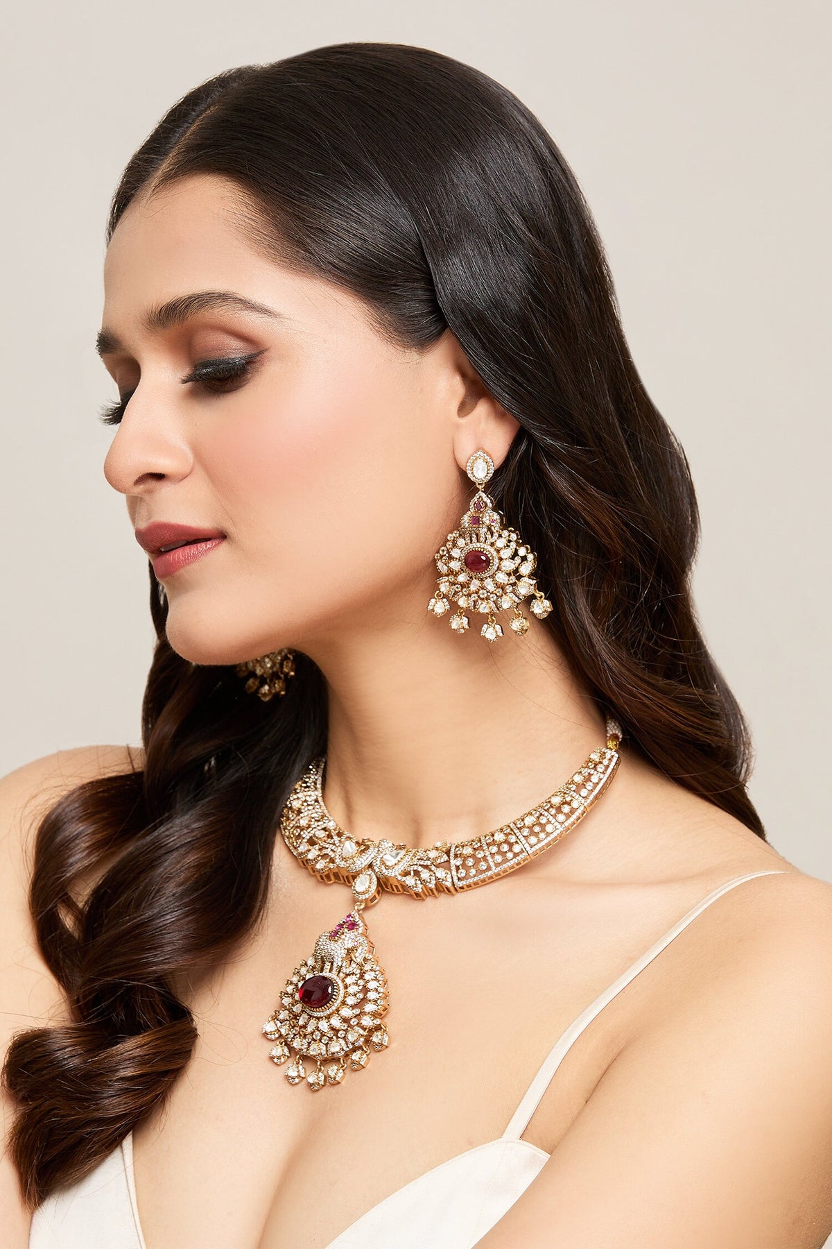 Ruby Stone Studded Pendant Necklace Set 