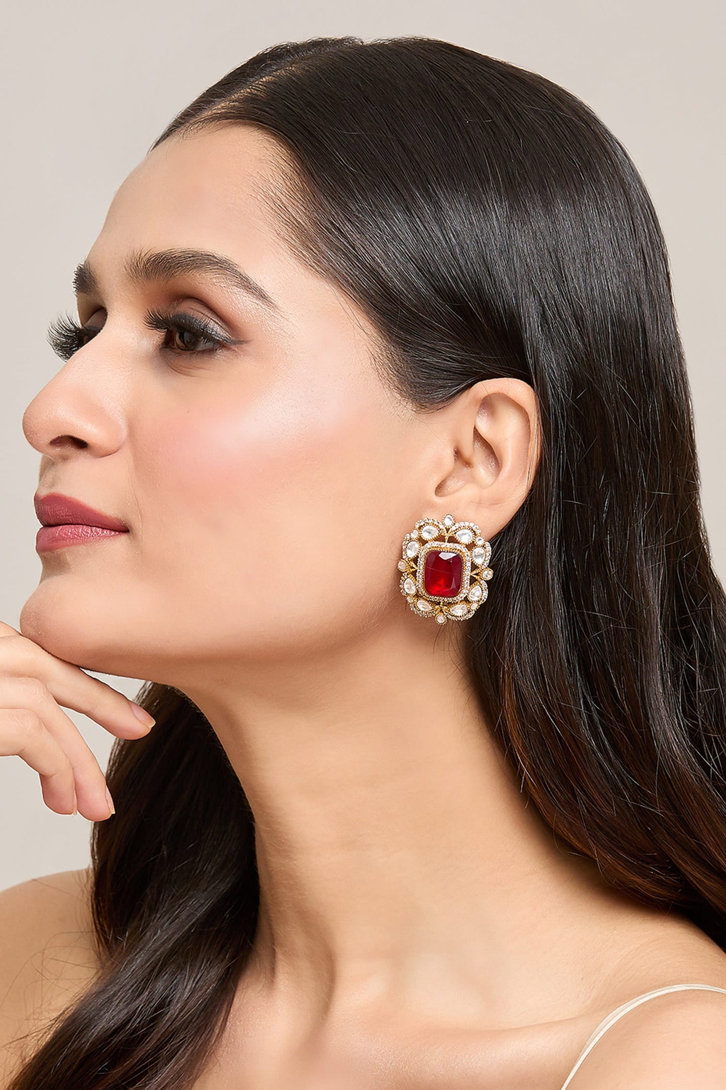 Ruby Stone Embellished Floral Studs 