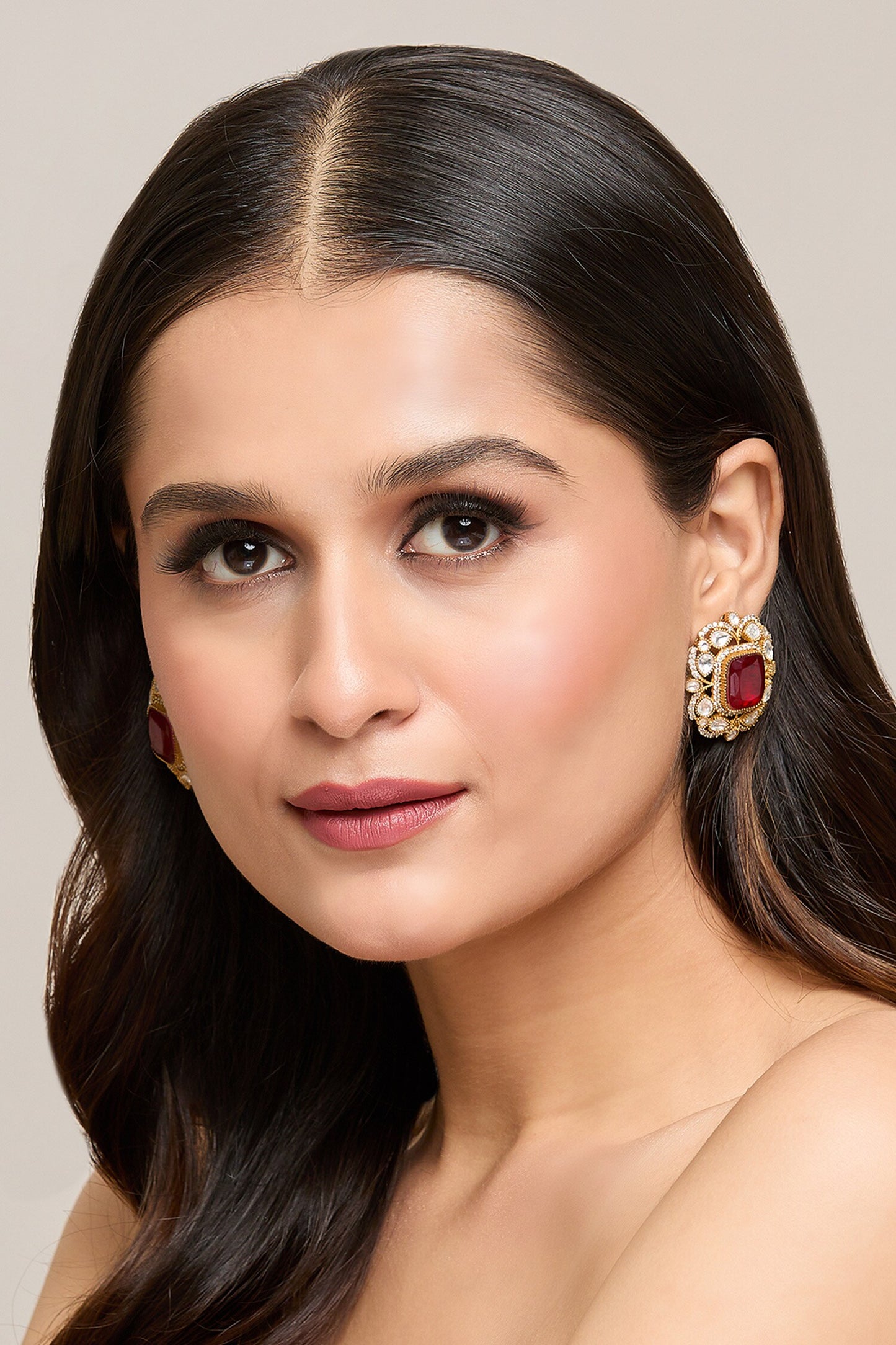 Ruby Stone Embellished Floral Studs 