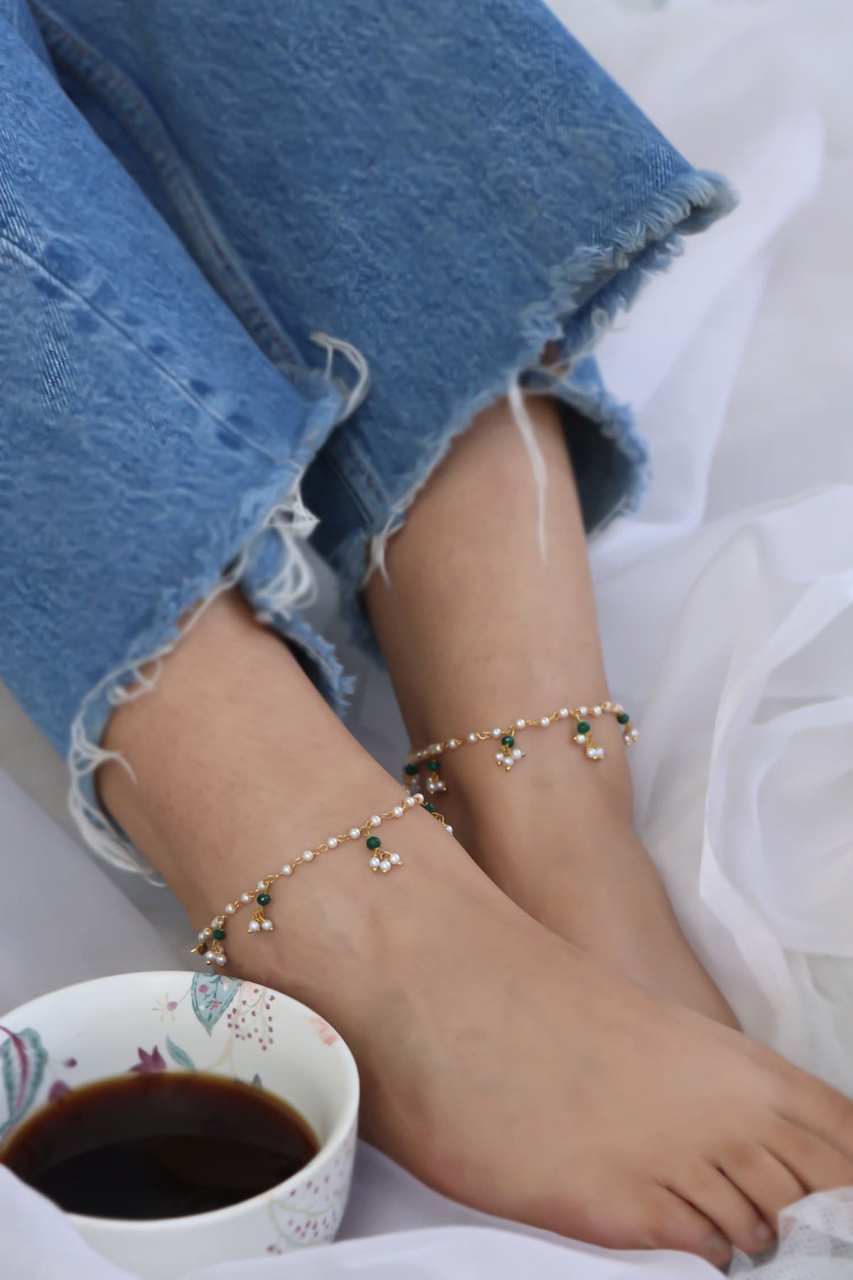 Pearl Embellished Pair of Anklets 