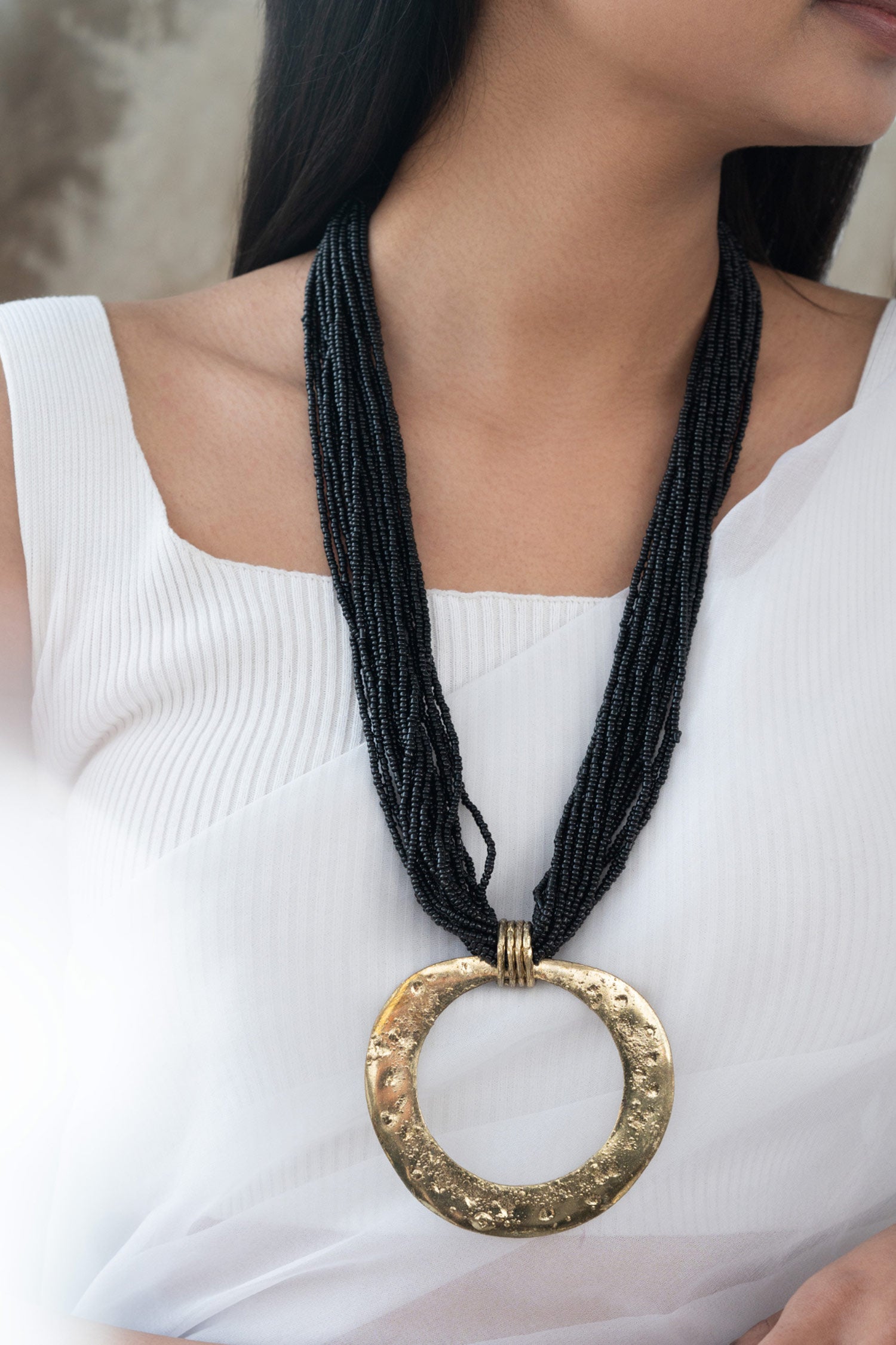 Ring Arc Pendant Beaded Boho Necklace 