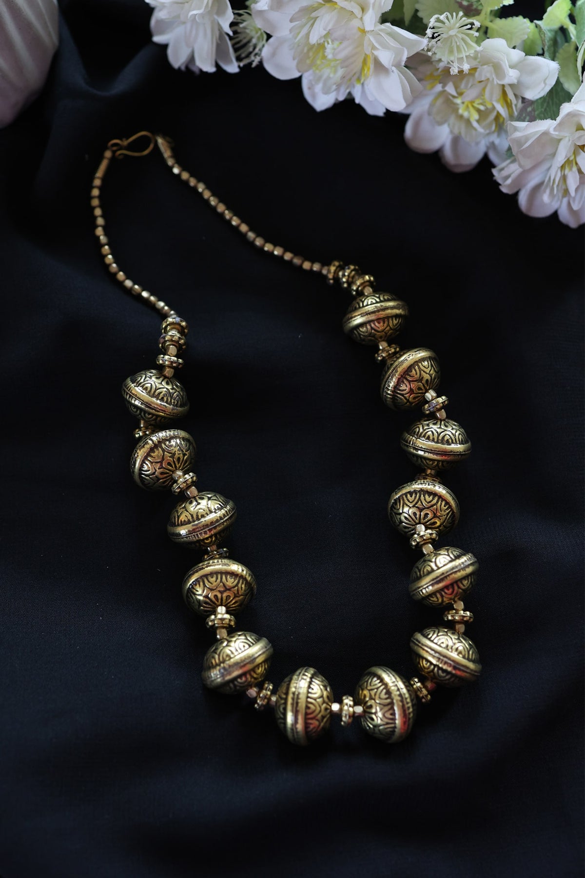 Carved Bead Oxidized Necklace 