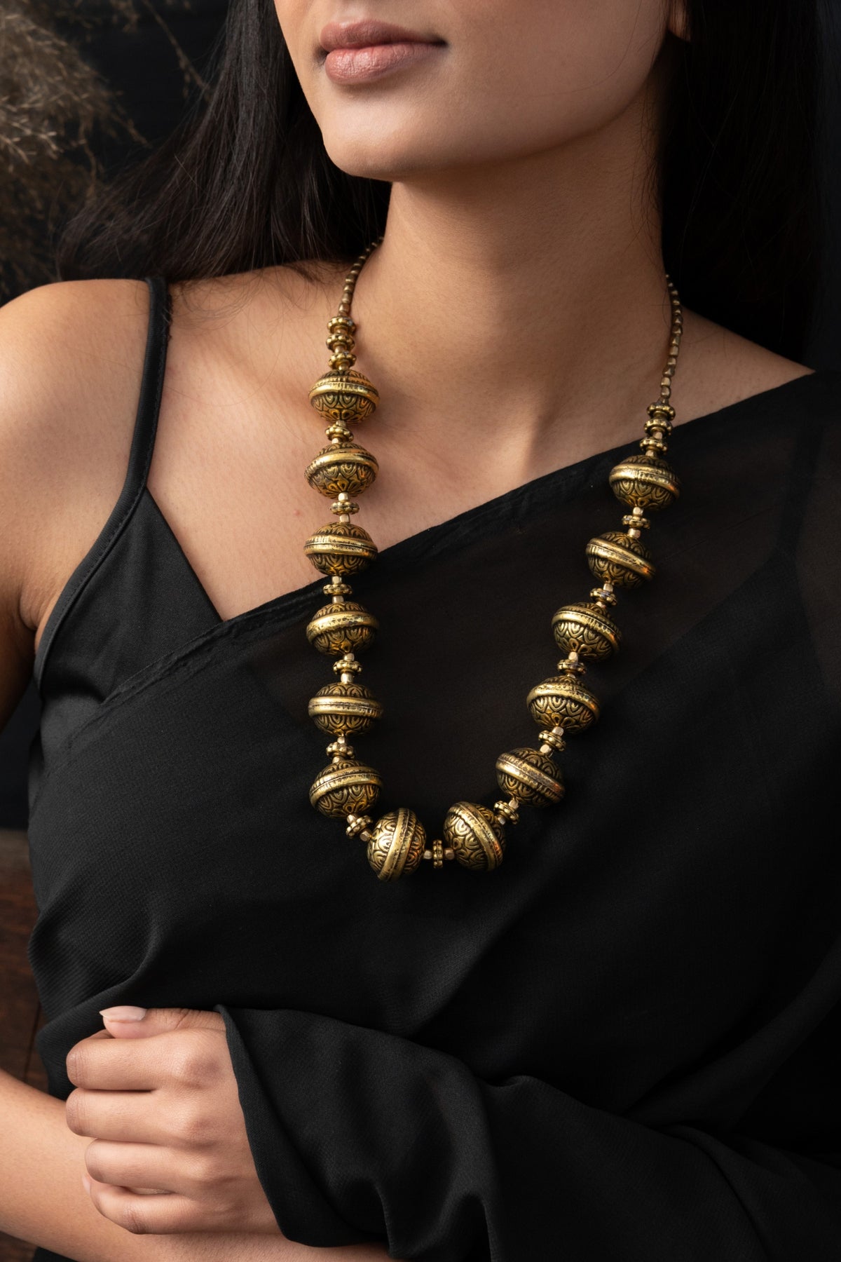 Carved Bead Oxidized Necklace 