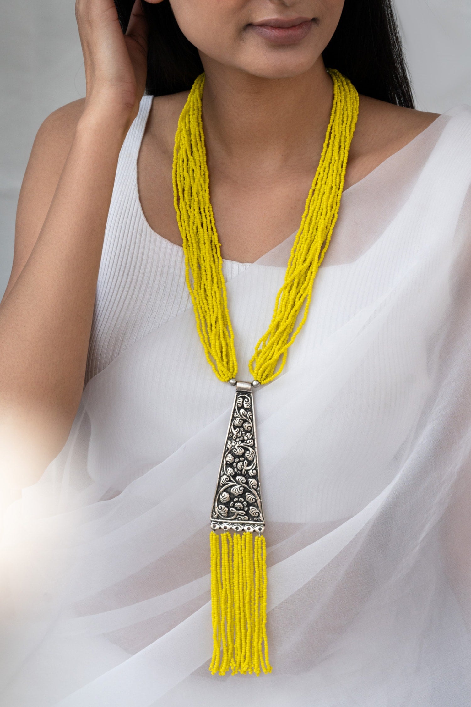 Layered Beads Embellished Long Necklace 