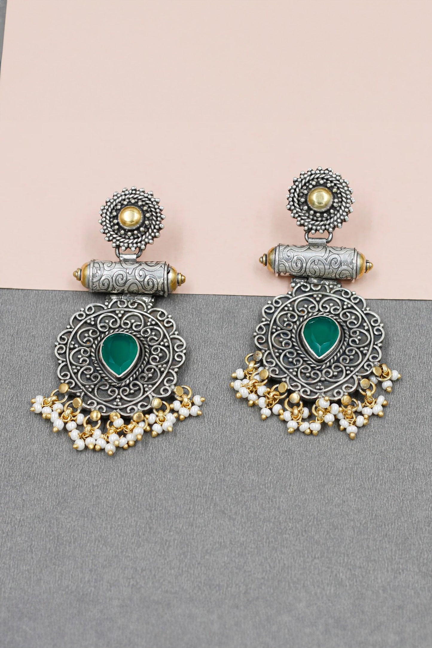 Two Toned Carved Dangler Earrings 