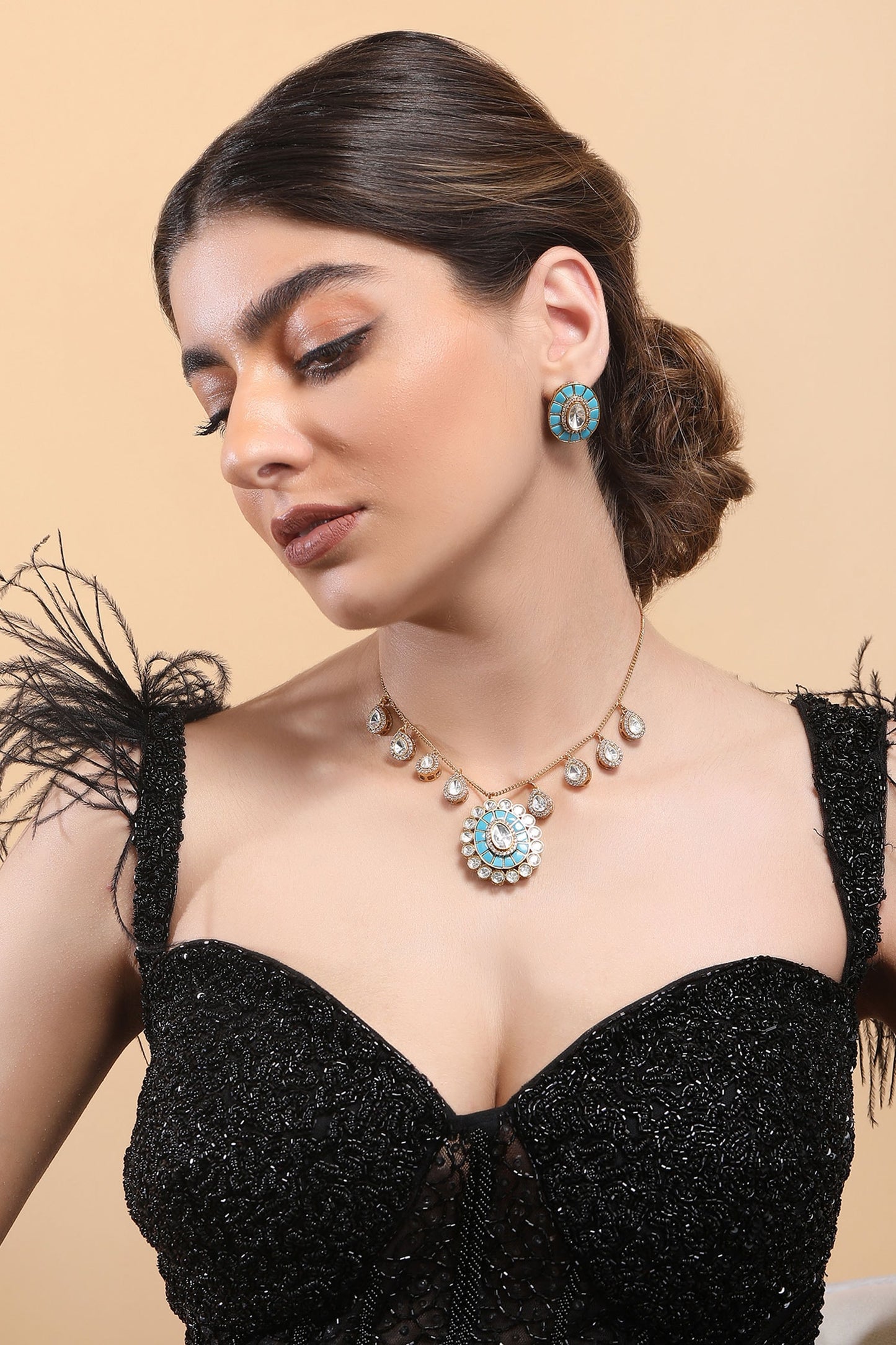 Blue Stone Embellished Necklace Set 