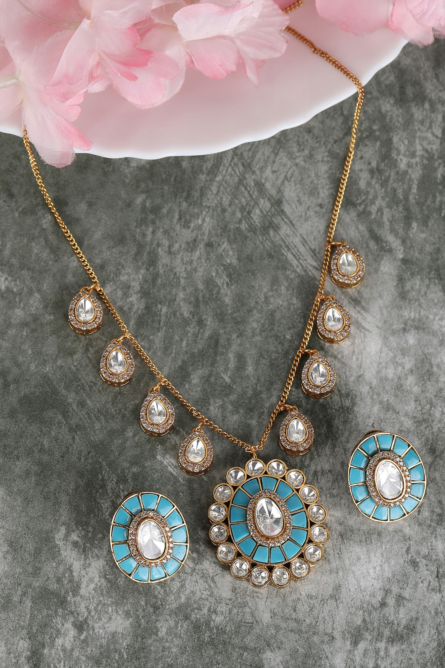 Blue Stone Embellished Necklace Set 
