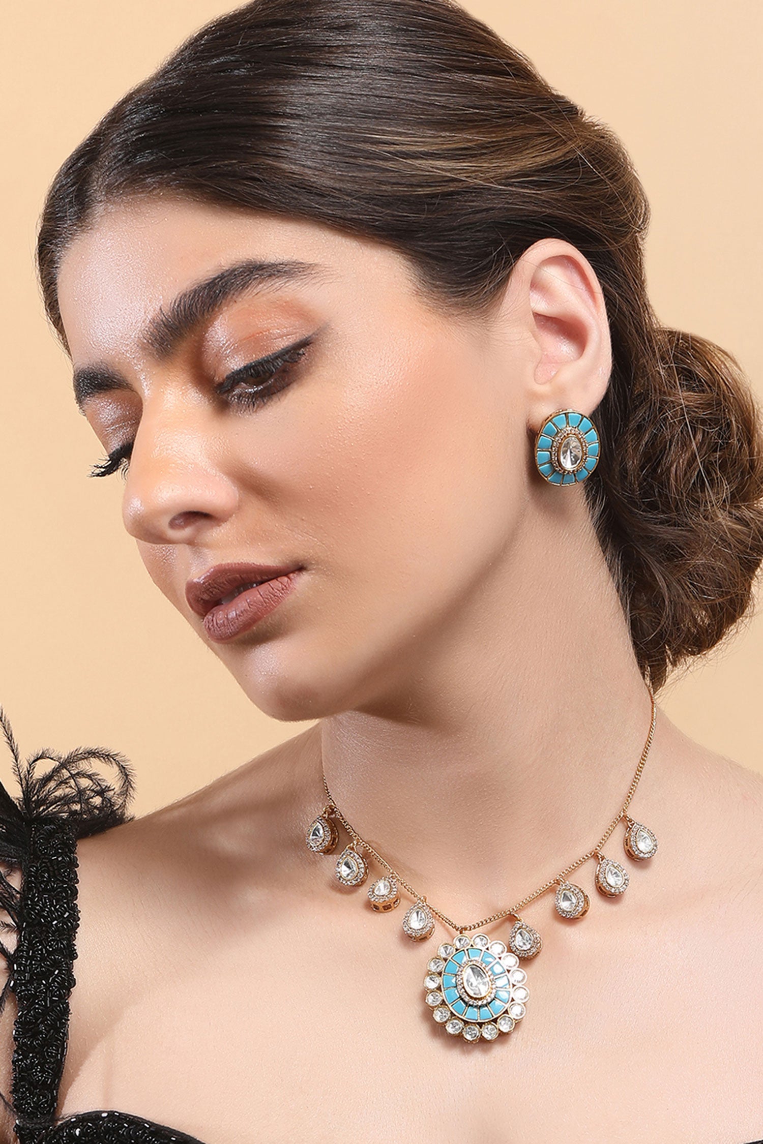 Blue Stone Embellished Necklace Set 