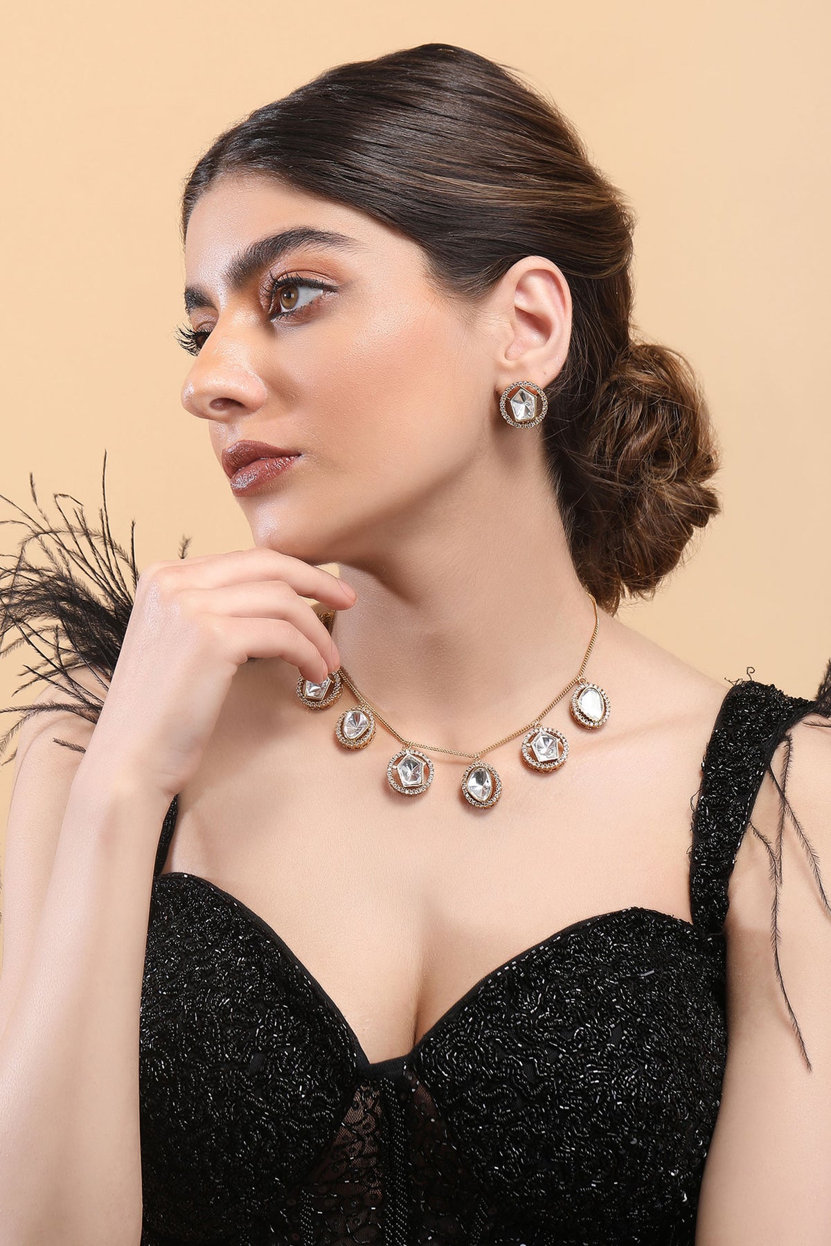 Stone Embellished Cutwork Necklace Set 