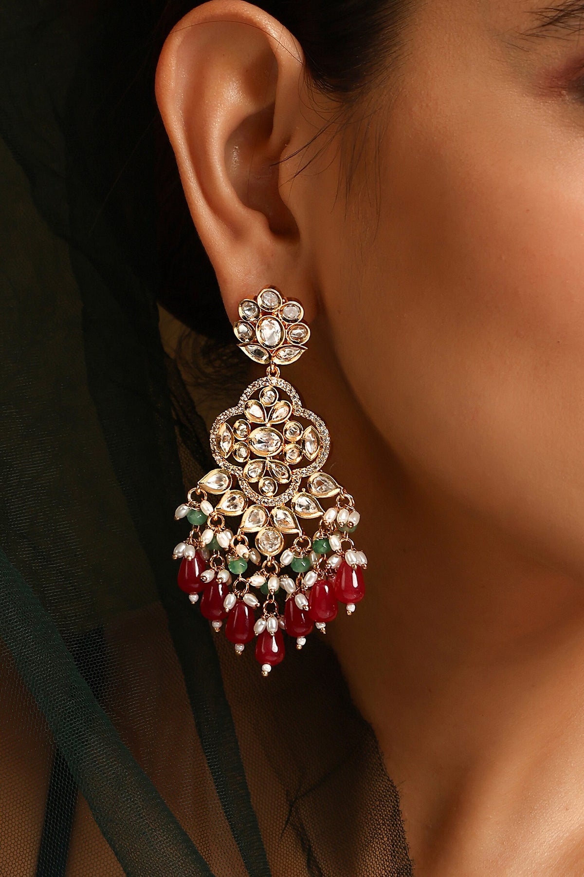 Polki Studded Floral Dangler Earrings 