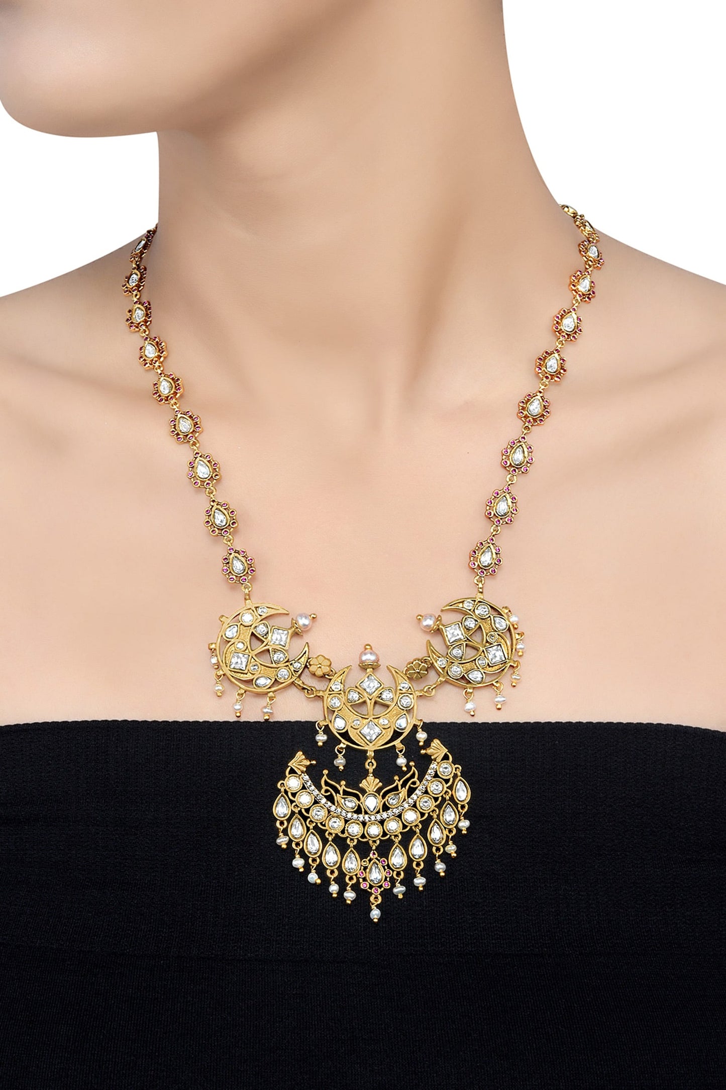 Malaya Stone Studded Half Moon Necklace 