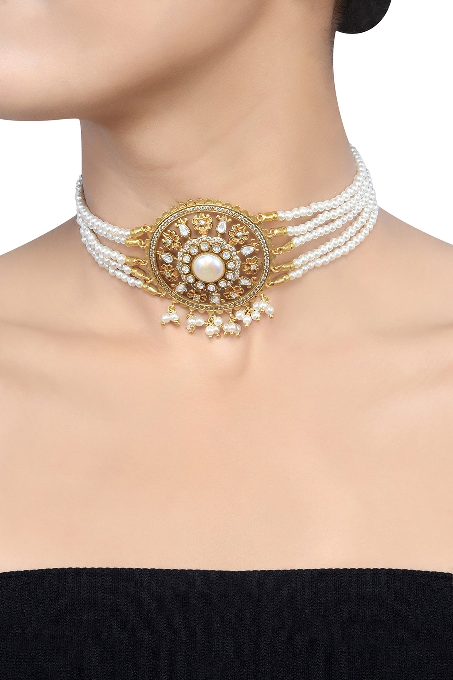 Gold Pearl Stone Studded Choker 