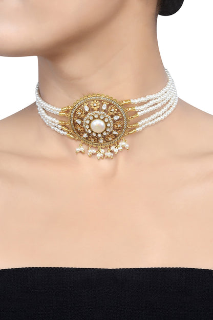 Gold Pearl Stone Studded Choker 