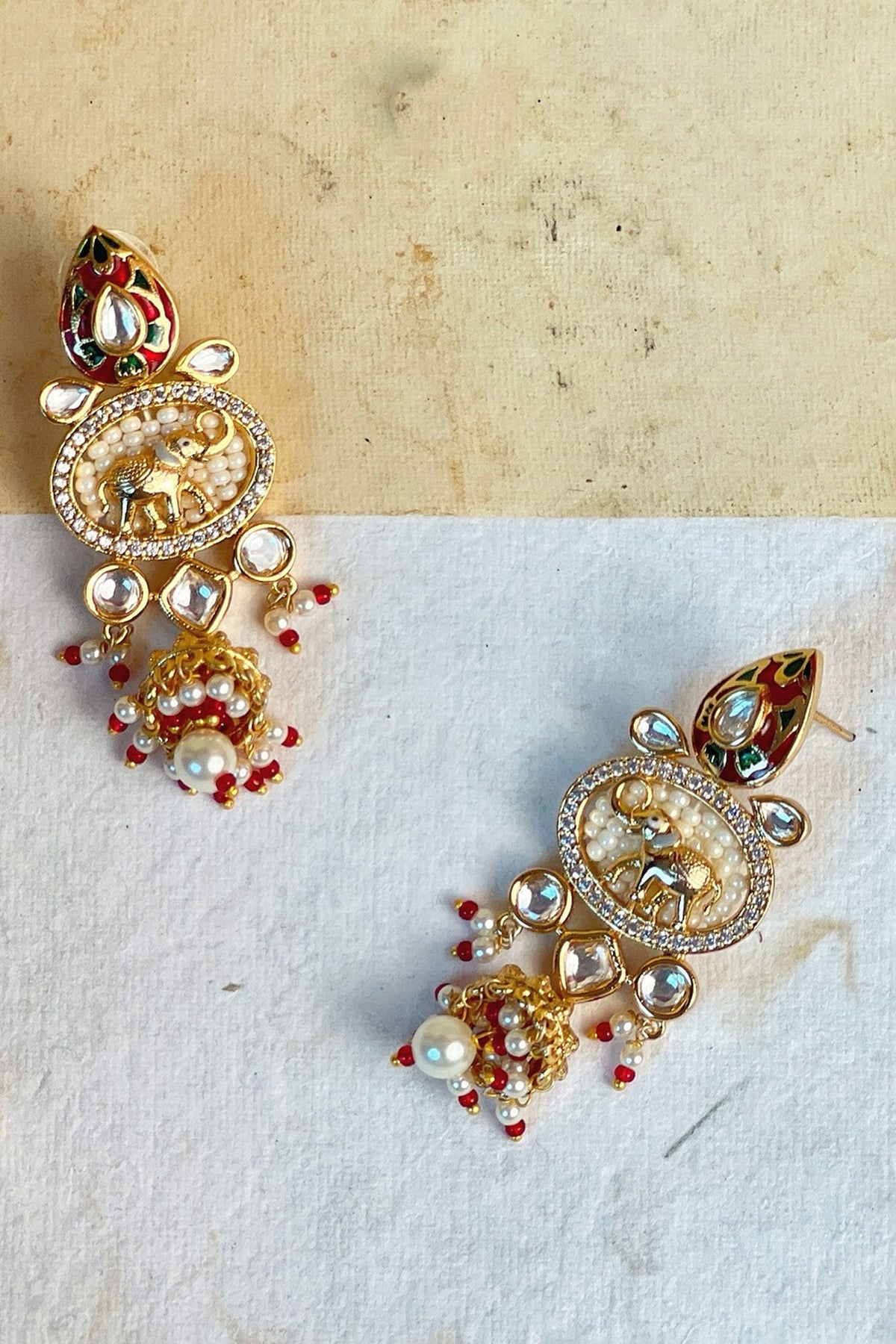 Enamelled Stone Embellished Temple Earrings 