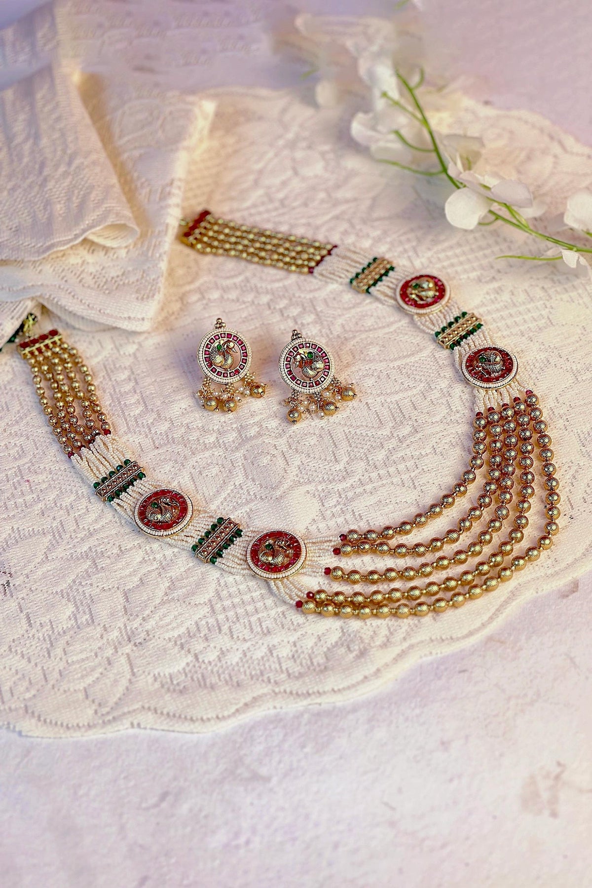 Pearl Embellished Layered Temple Necklace Set 