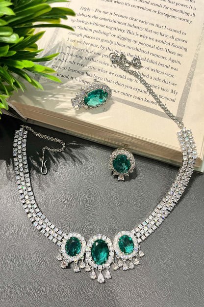 Zirconia Embellished Pendant Choker Set 