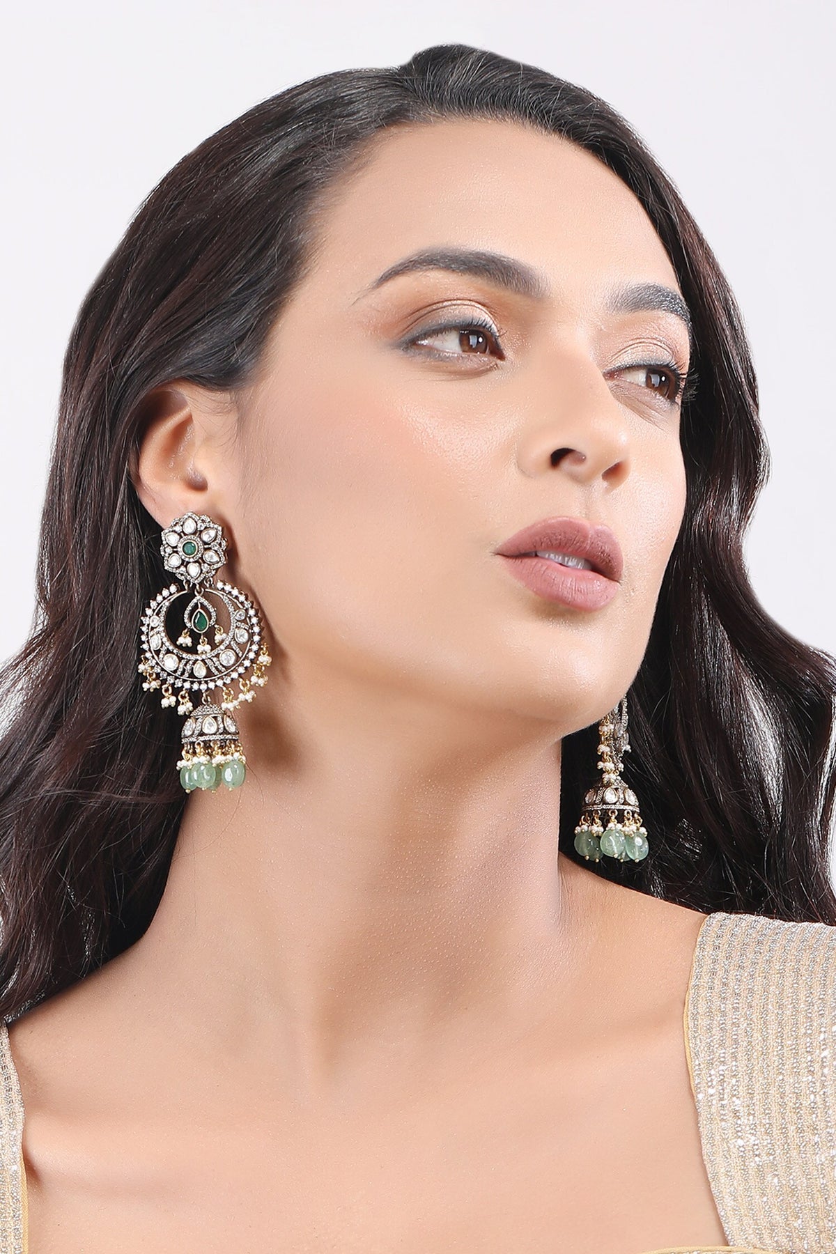 Stone Embellished Phool Chandbali Jhumkas 