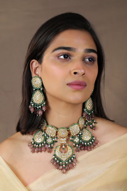 Jadtar Stones Embellished Pendant Choker Necklace Set 
