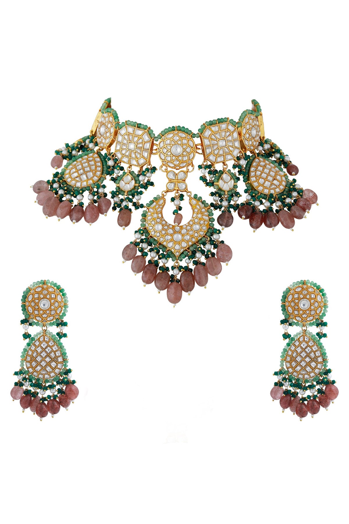 Jadtar Stones Embellished Pendant Choker Necklace Set 