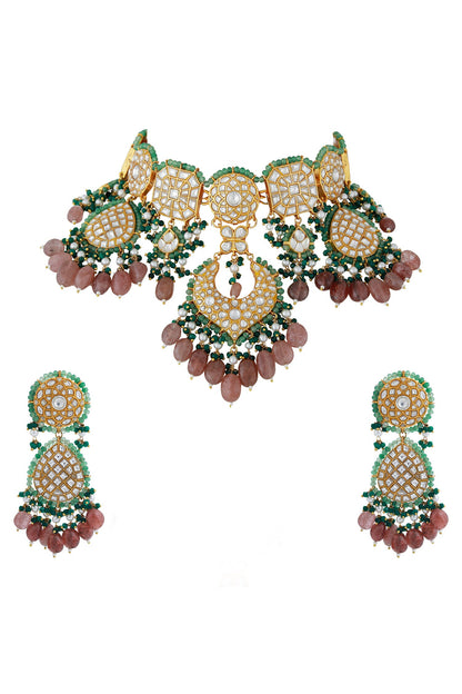 Jadtar Stones Embellished Pendant Choker Necklace Set 