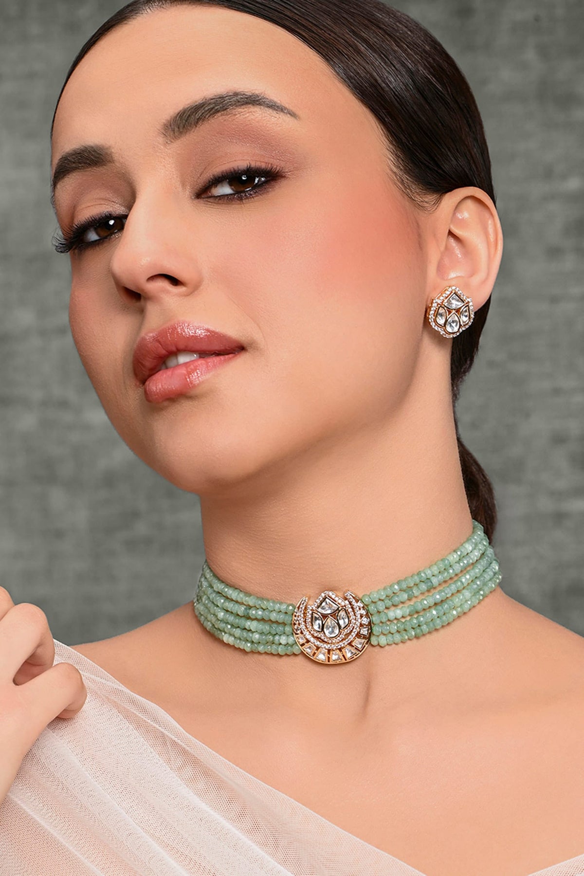 Half Moon Stone Embellished Choker Necklace Set 