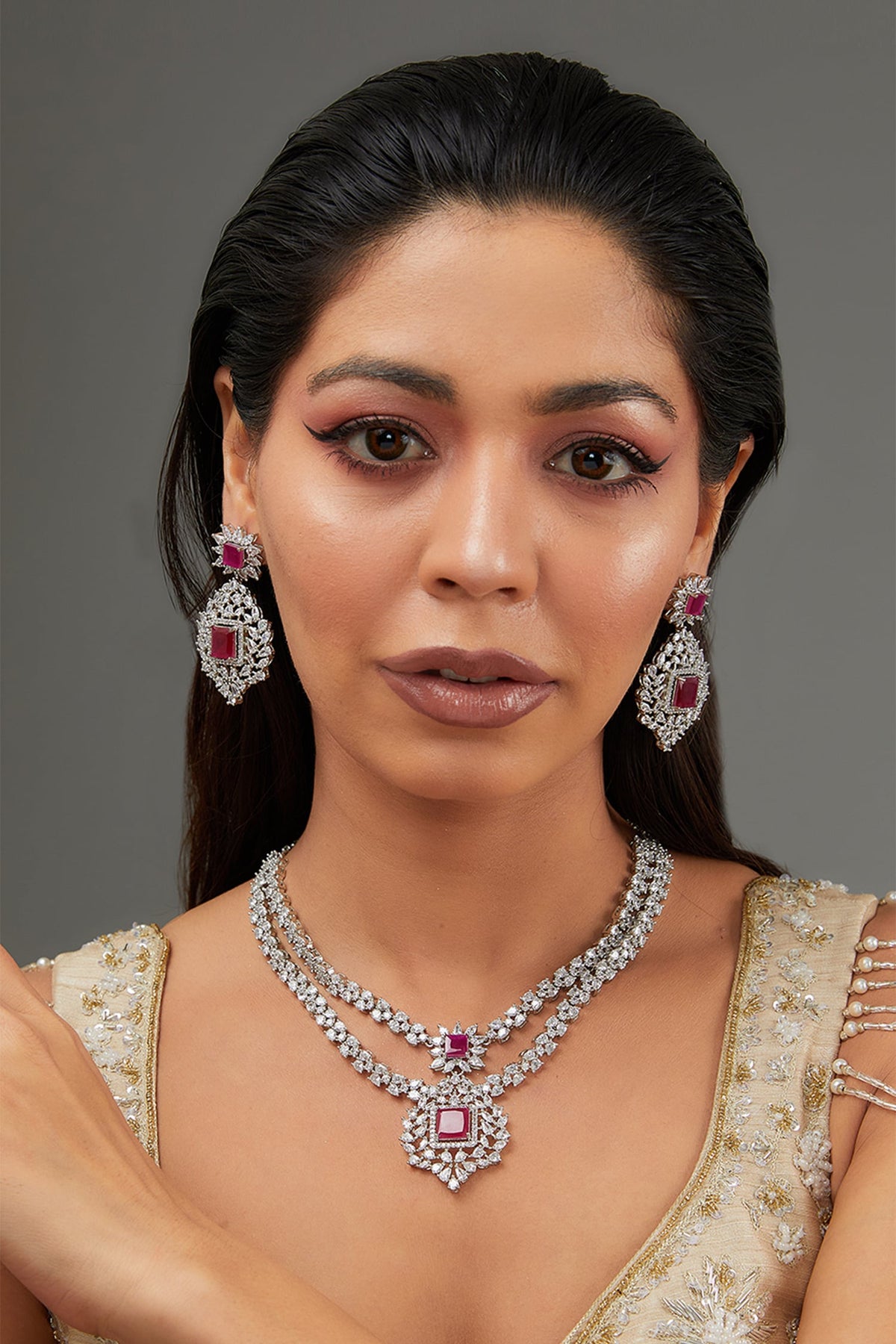 Double Layered Embellished Necklace Set 