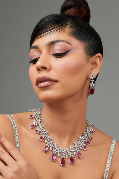 Ruby Stone Embellished Necklace Set 