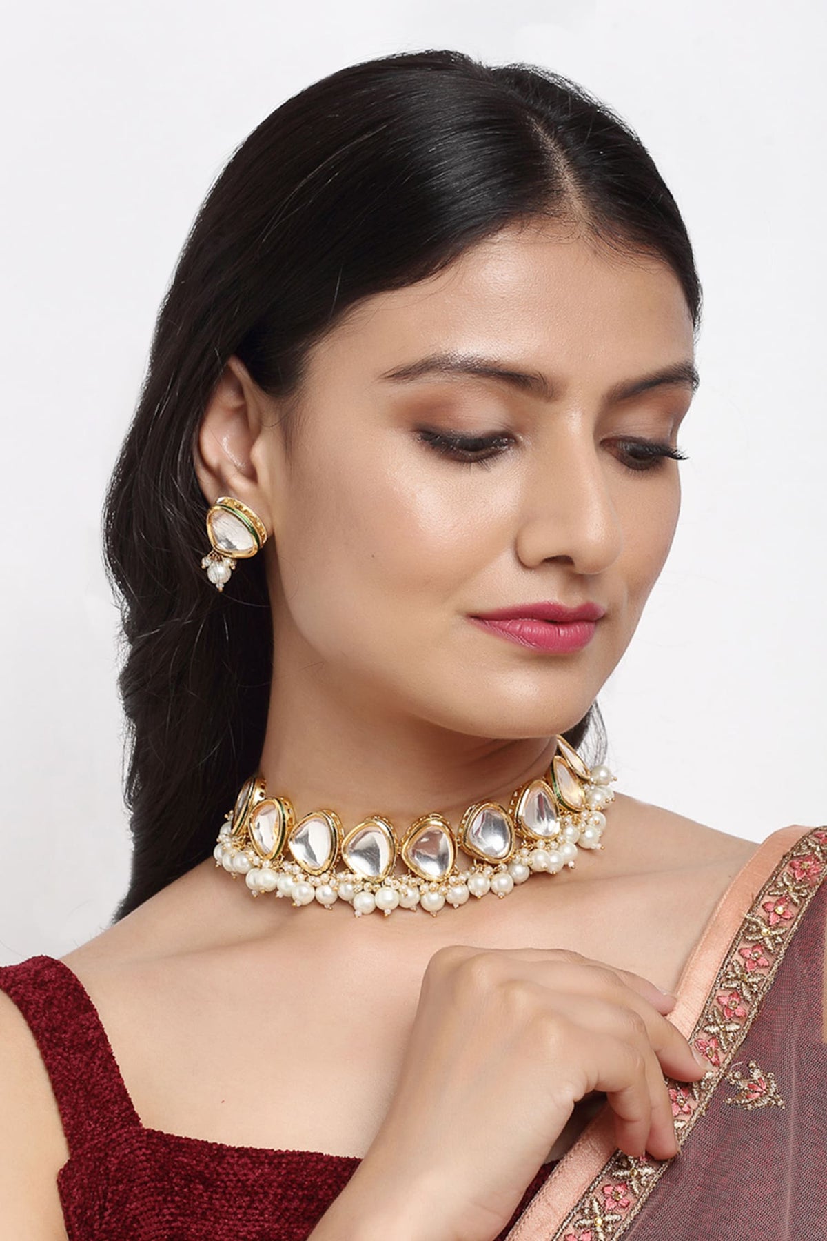 Pearls & Kundan Embellished Choker Necklace Set 