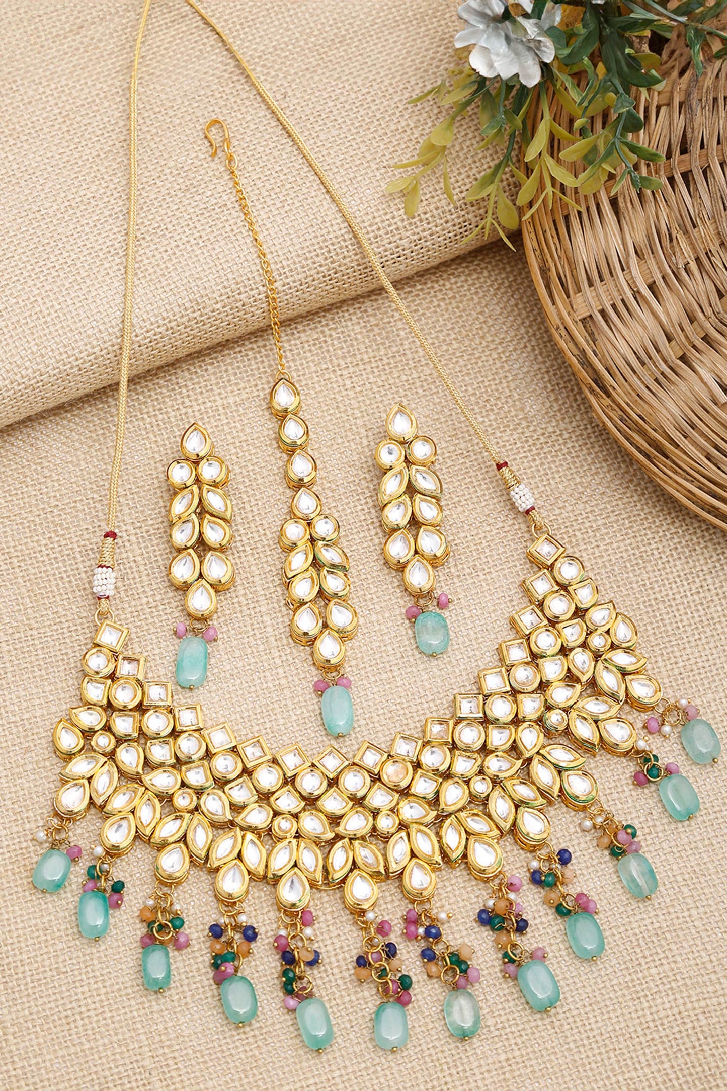 Beads & Kundan Embellished Choker Necklace Set 