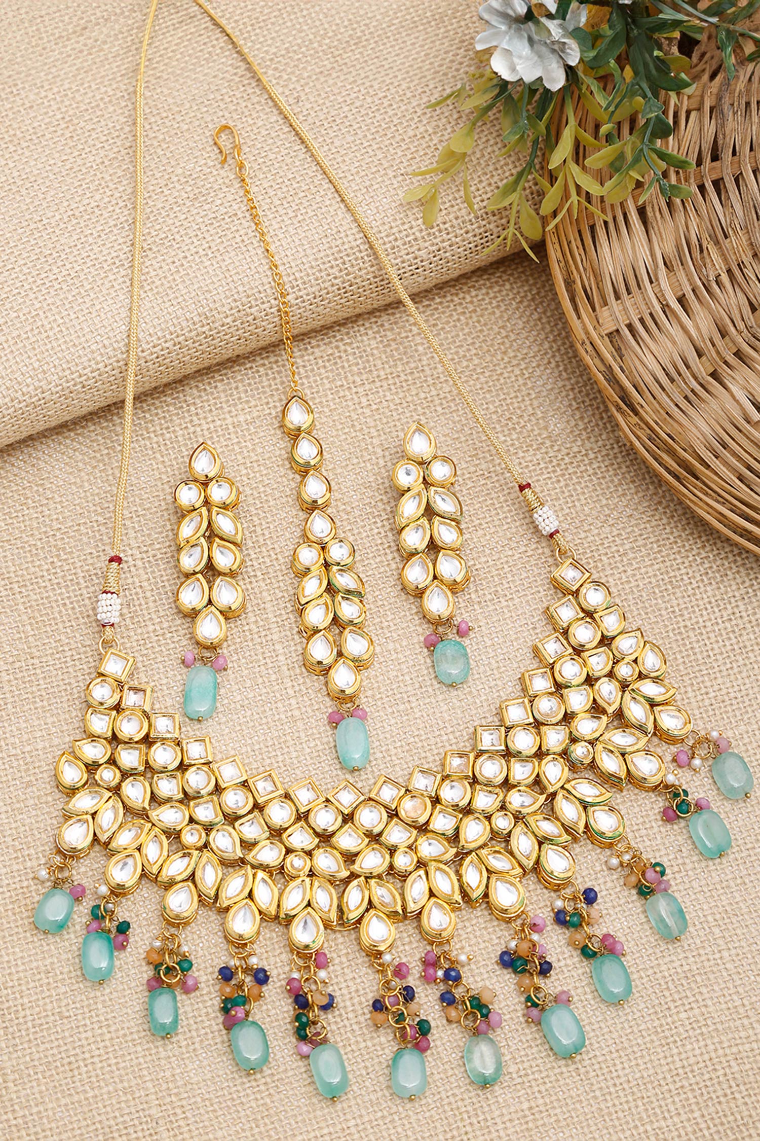 Beads & Kundan Embellished Choker Necklace Set 