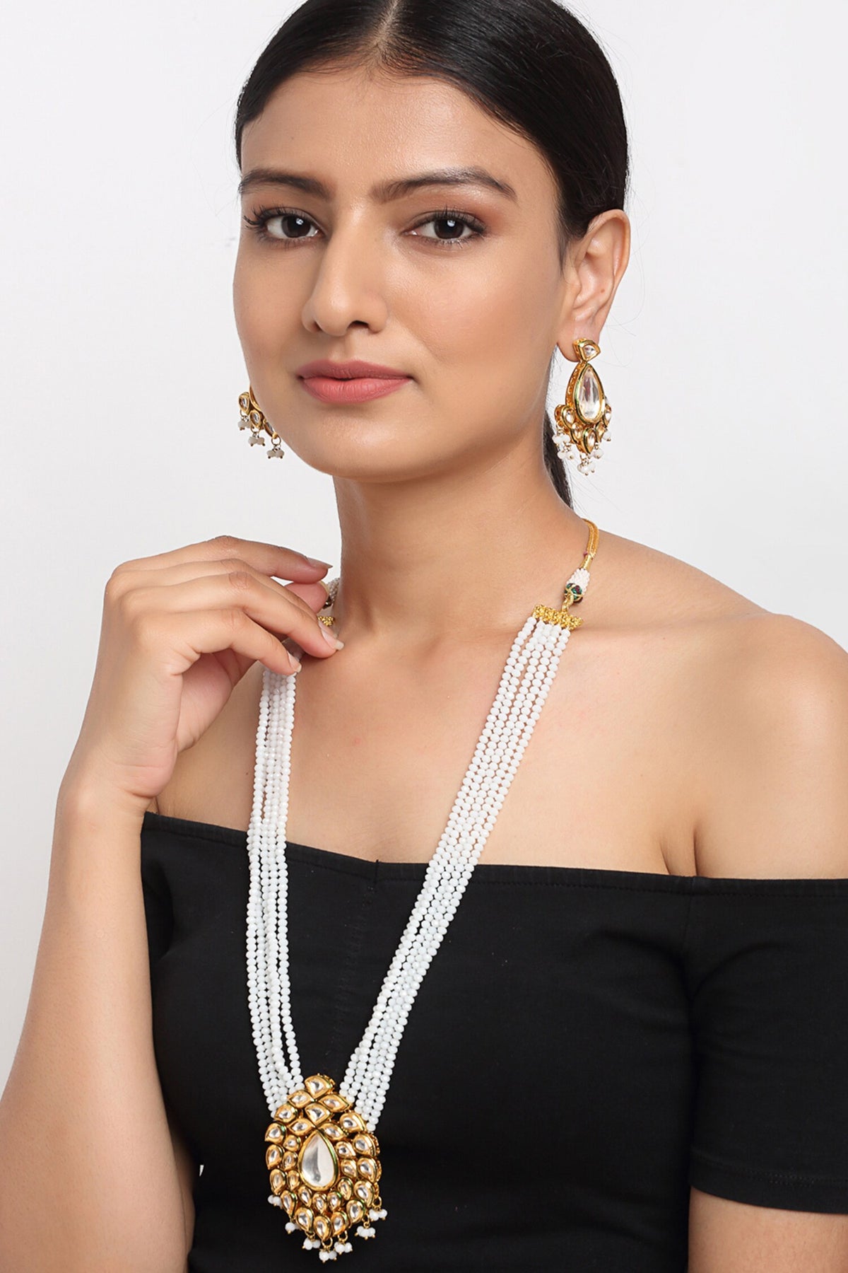 Beads & Kundan Embellished Long Pendant Necklace Set 