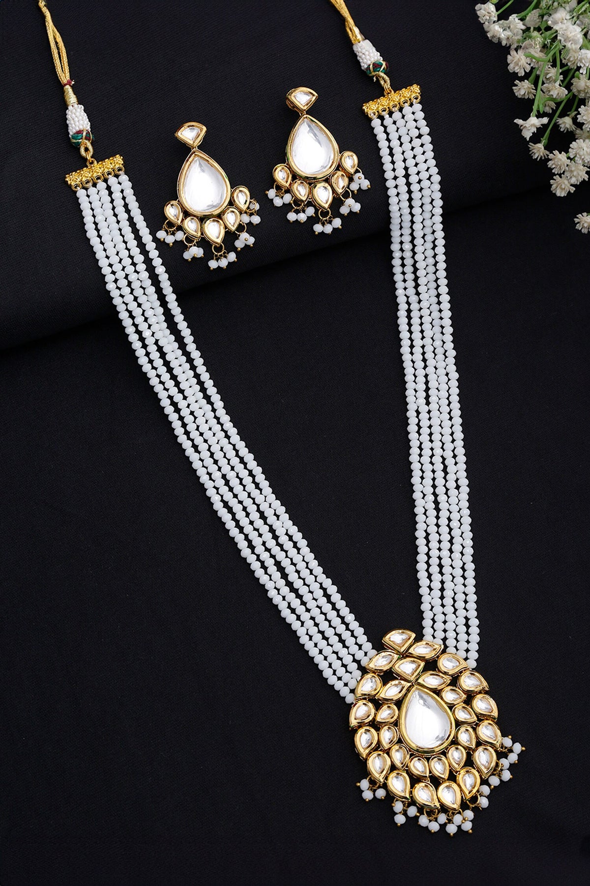 Beads & Kundan Embellished Long Pendant Necklace Set 