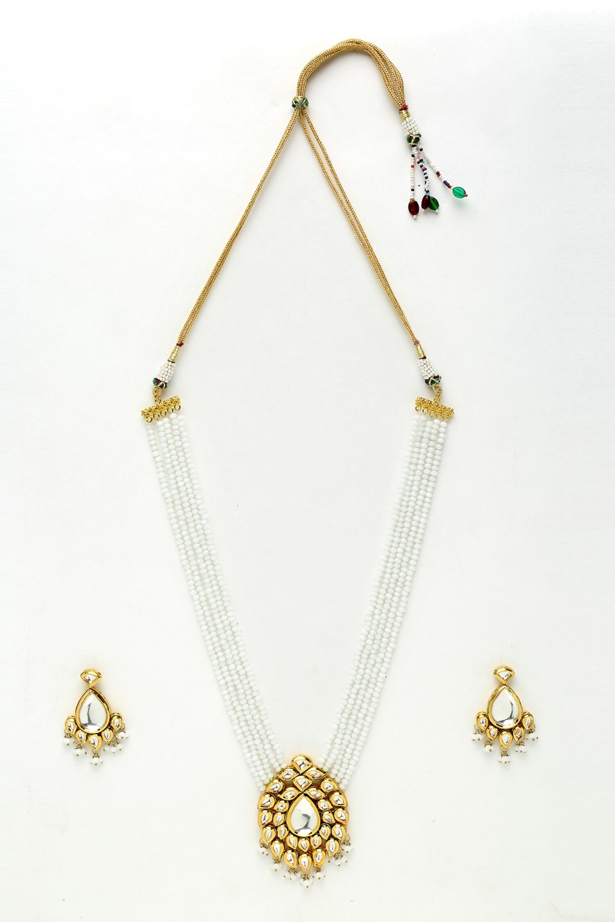 Beads & Kundan Embellished Long Pendant Necklace Set 