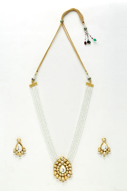 Beads & Kundan Embellished Long Pendant Necklace Set 