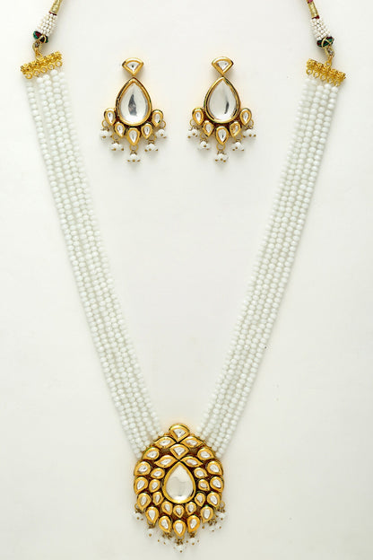 Beads & Kundan Embellished Long Pendant Necklace Set 