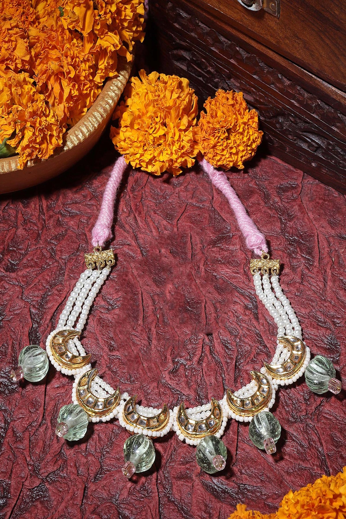 Crescent Moon Cutwork Embellished Necklace 