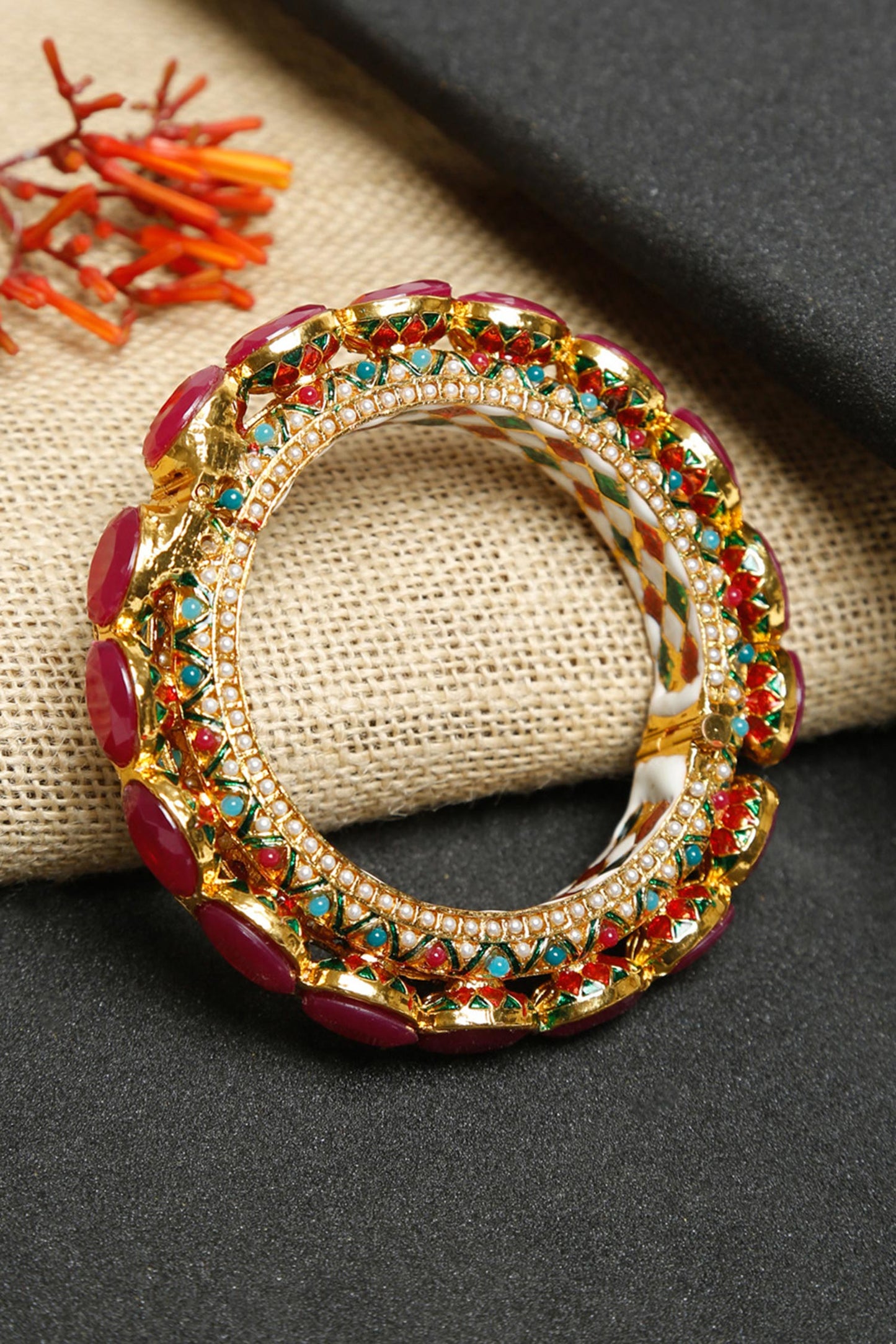 Gold Pearl & Stone Embellished Bangle 